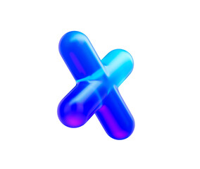 3d Multiplication symbol with a glossy neon blue gradient and reflective surface. 3d illustration