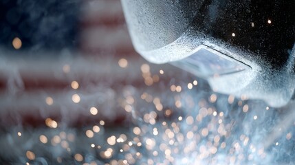 Welder works diligently, sparks fly against a backdrop of the USA flag, highlighting hard work and dedication