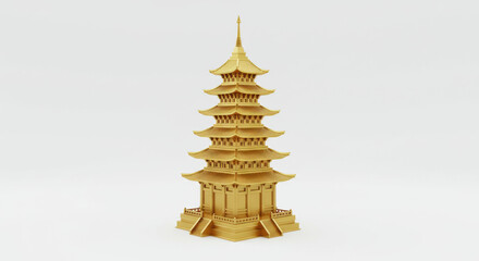 Golden Pagoda 3D Render with Asian Temple, and Architecture.