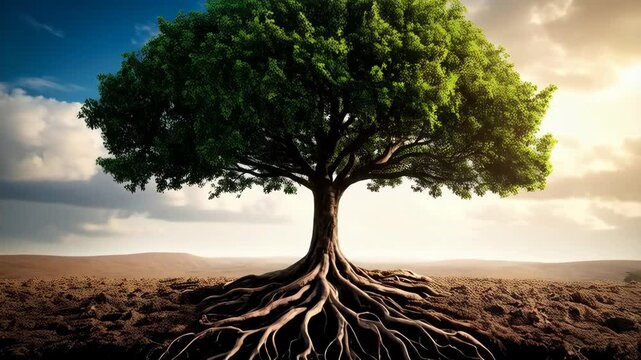 Solitary green tree with exposed roots growing in fertile brown soil under a blue sky and scattered white clouds, connecting earth and sky