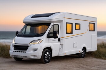 Modern camper van parked on sandy beach with ocean view and sunset lighting showcasing adventure and freedom in travel lifestyle imagery that inspires exploration and joy