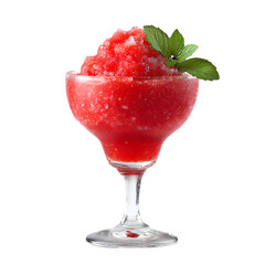 Mid-range shot of a frozen strawberry daiquiri, centered on white background
