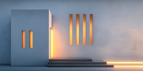 Minimalist concrete facade with glowing vertical slits and modern lighting
