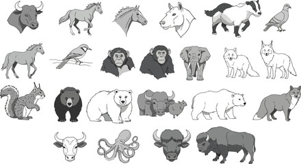 Fototapeta premium Black Animal Silhouette Grid Featuring Diverse Wildlife in Minimalist Vector Style