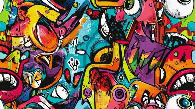 Vibrant urban street art mural with playful cartoon characters and bold colors
