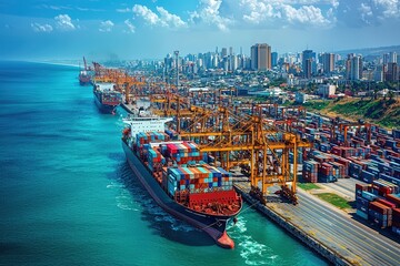 A busy port in Durban, South Africa, with massive cargo ships being loaded with shipping containers, cranes operating in the background