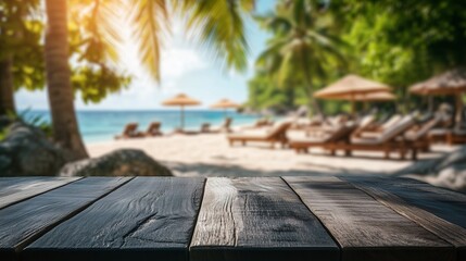 Empty dark wood table overlooking a sun-drenched, blurred tropical beach. An ideal paradise background for summer product displays, vacation mockups, travel promotions.