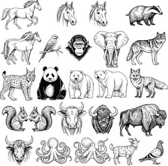 Fototapeta premium Black Animal Silhouette Grid Featuring Diverse Wildlife in Minimalist Vector Style