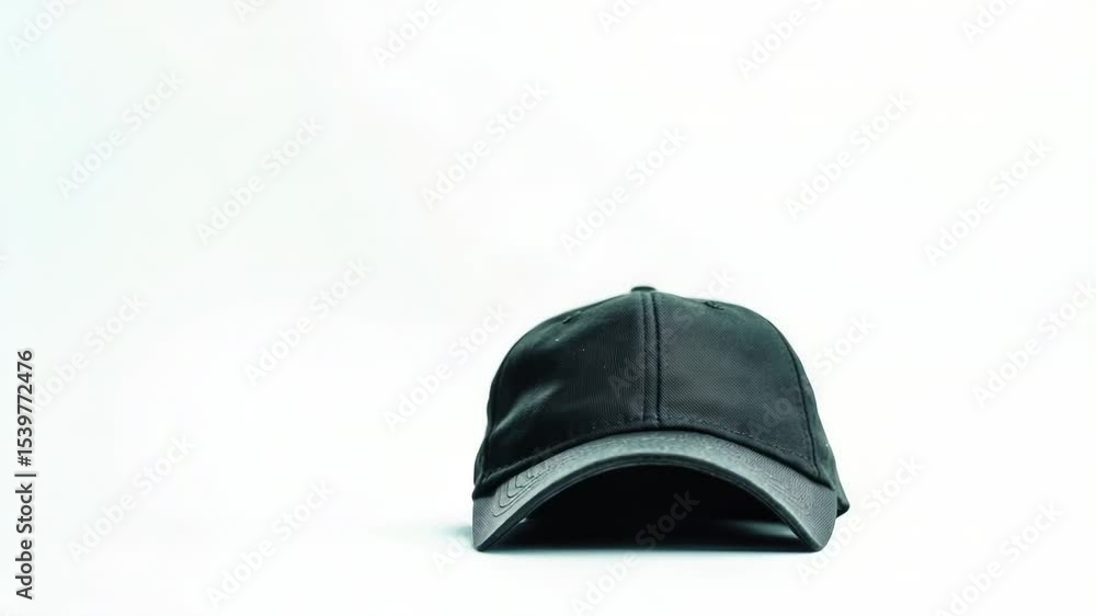 Poster a black baseball cap sitting on a white surface, ideal for use in e-commerce product displays or des