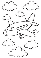 Coloring book airplane flying through fluffy clouds, ready for coloring fun Perfect for kids' activities