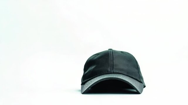 A black baseball cap sitting on a white surface, ideal for use in e-commerce product displays or design projects