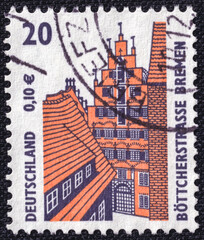 Bottcherstreet (Bremen) on a 2001 Germany vintage postage stamp. Sights Series