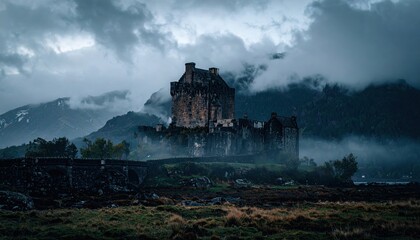 Eilean Donan Castle in Scotland on a Moody Day with Overcast Sky