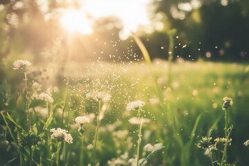 Field with flowers and floating pollen closeup