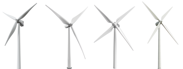 Four wind turbines against a transparent background