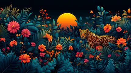 Fototapeta premium Majestic Leopard Among Vibrant Tropical Foliage at Sunset