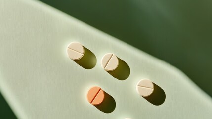 Minimalist composition of assorted pills and tablets on soft green background, showcasing pharmaceutical design, dosage, and modern health focus.