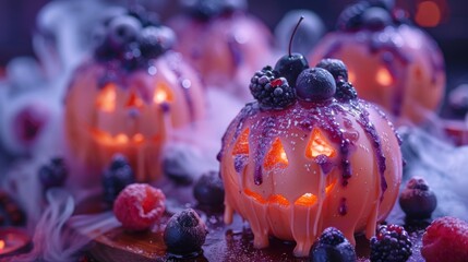 Glowing Halloween dessert styled as spooky jack-o'-lantern with berries and syrup, ideal for festive food decoration and themed party ideas.