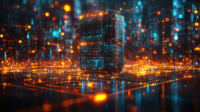 Futuristic Digital Data Cube with Bright Lights and Glowing Effects