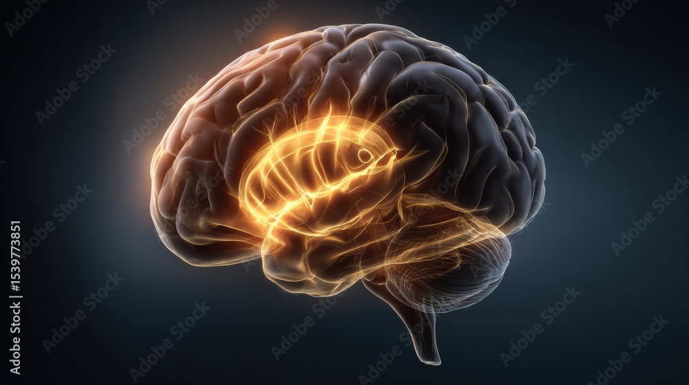 Poster overheated brain symbol glowing within head surrounded by soft gradients conveying a sense of mental
