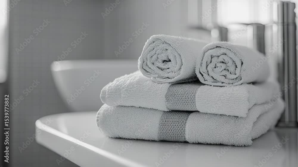 Poster a pile of towels resting on a white countertop