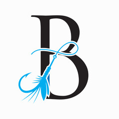 Fishing Logo On Letter B Concept With Fishing Hook And Fishing Lure Symbol