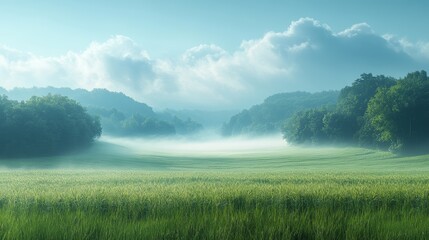 Serene Misty Morning Over Lush Green Fields and Rolling Hills