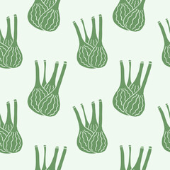 Fennel herb bulb seamless pattern vector illustration. Repeating background with Fennel spice herb root, stalk leaves, stem, botanical rapport. Food ingredient, medicinal plant for card, label, paper