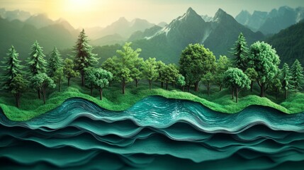 Serene Landscape with Mountains, Forests, and Flowing River Waters
