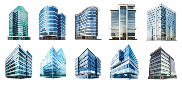 A collection of modern office buildings with glass facades and reflective surfaces.