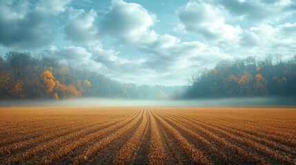 Serene Misty Landscape with Autumn Trees and Golden Crop Rows