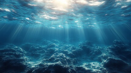 Underwater Scene with Sunlight Rays Illuminating Clear Water Surface
