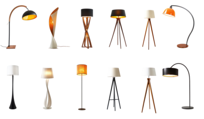 A collection of various floor lamps with different designs and colors.