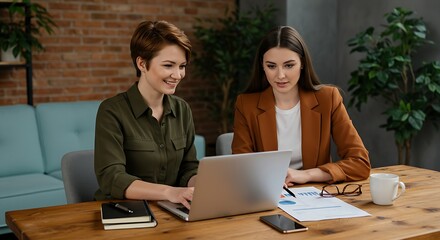 Modern Workspace Scene: Two Professional Women Team-Working on a Laptop with Positive Energy