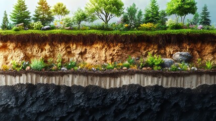 Beautiful Cross-Section of Soil Layers with Lush Vegetation and Rocks