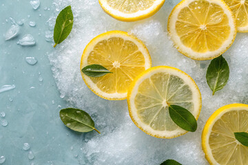 Background of beautiful lemon citrus fruit slices on frozen surface