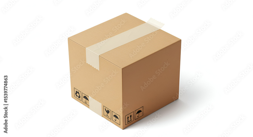 Poster cardboard box with taped edges positioned for shipping, showing various handling and recycling symbo