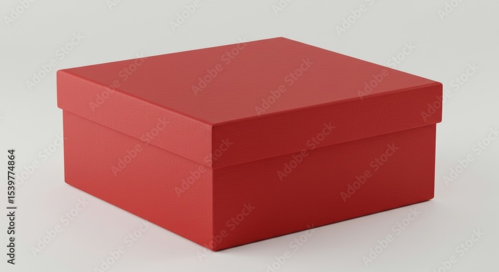 Poster red gift box resting on a plain white surface. empty box displays a textured surface with subtle gra
