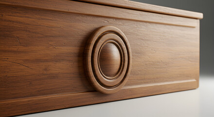 Wooden decorative element with carved circular detail on a light brown surface. Close-up of a detailed design feature on a piece of furniture.