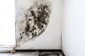 Mold infestation on large white abandoned wall