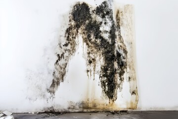 Mold infestation on large white abandoned wall