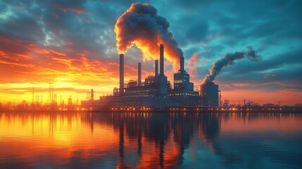Industrial Power Plant at Dusk with Colorful Sky and Reflections