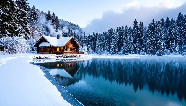 Serene winter cabin by a tranquil lake surrounded by snowy trees, capturing the essence of a peaceful snowy getaway.