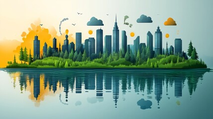Vibrant Urban Landscape with Reflections and Natural Elements