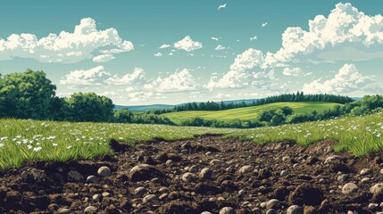 Vibrant Landscape with Rocky Soil and Rolling Green Hills