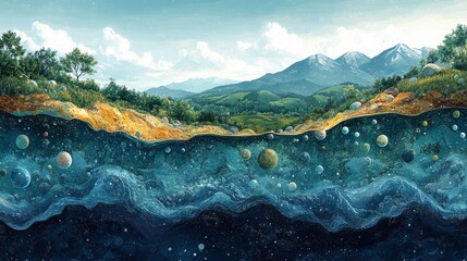Surreal Landscape of Mountains and Underwater Planets in Nature