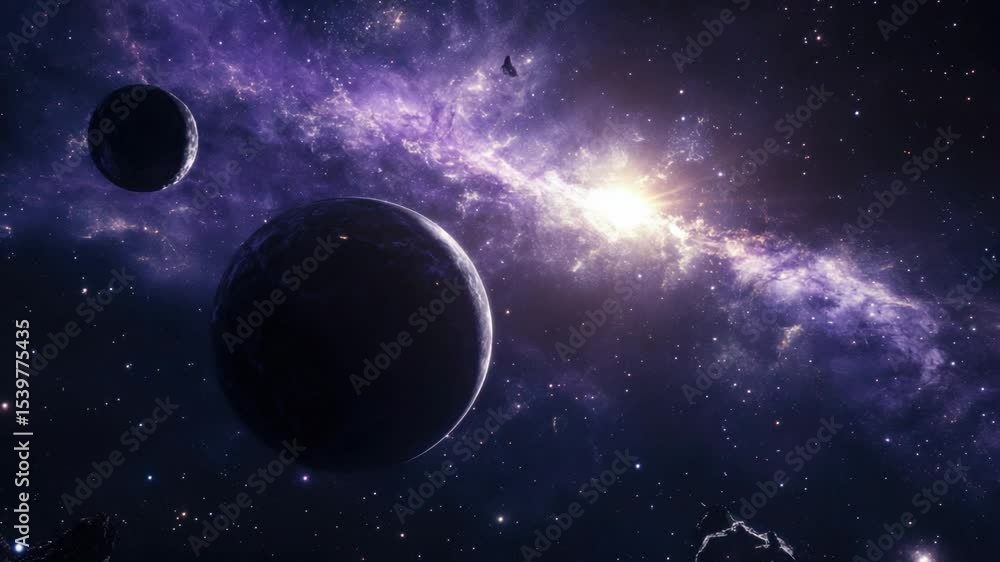 Aufkleber Planetary system with multiple planets orbiting around stars in a distant galaxy, offering a cosmic view for astronomy or space-related concepts