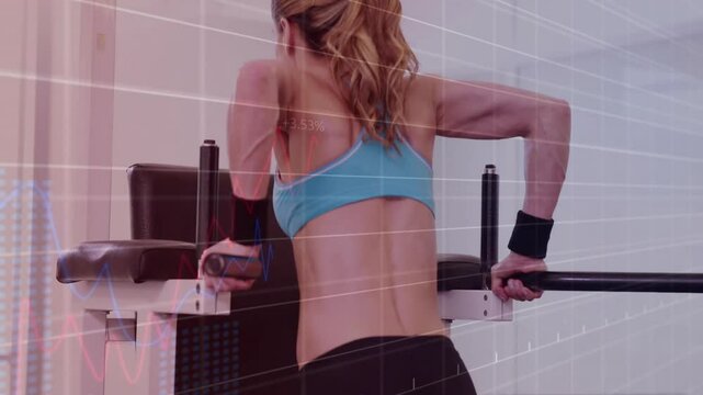 Exerciser gripping bars and performing dips in fitness gym, displaying overlaid performance metrics