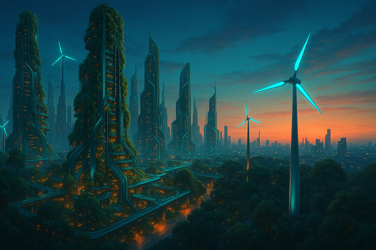Wind turbines spinning near futuristic city skyline at colorful sunset - Powered by Adobe