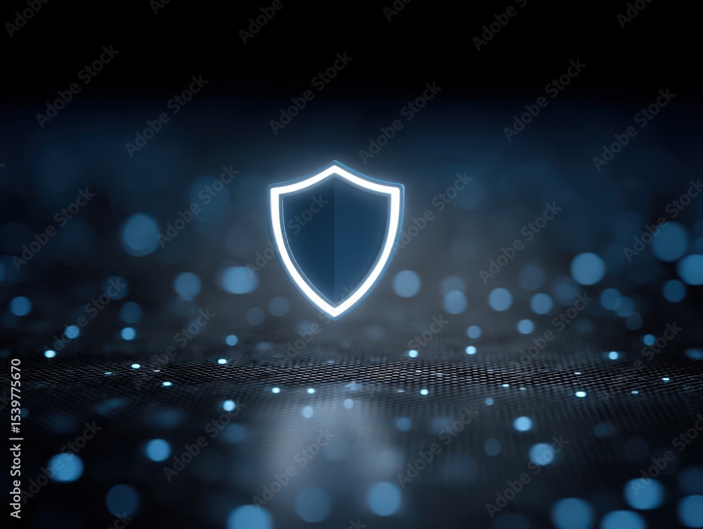 Poster futuristic digital shield symbol surrounded by shimmering bokeh lights representing cybersecurity in